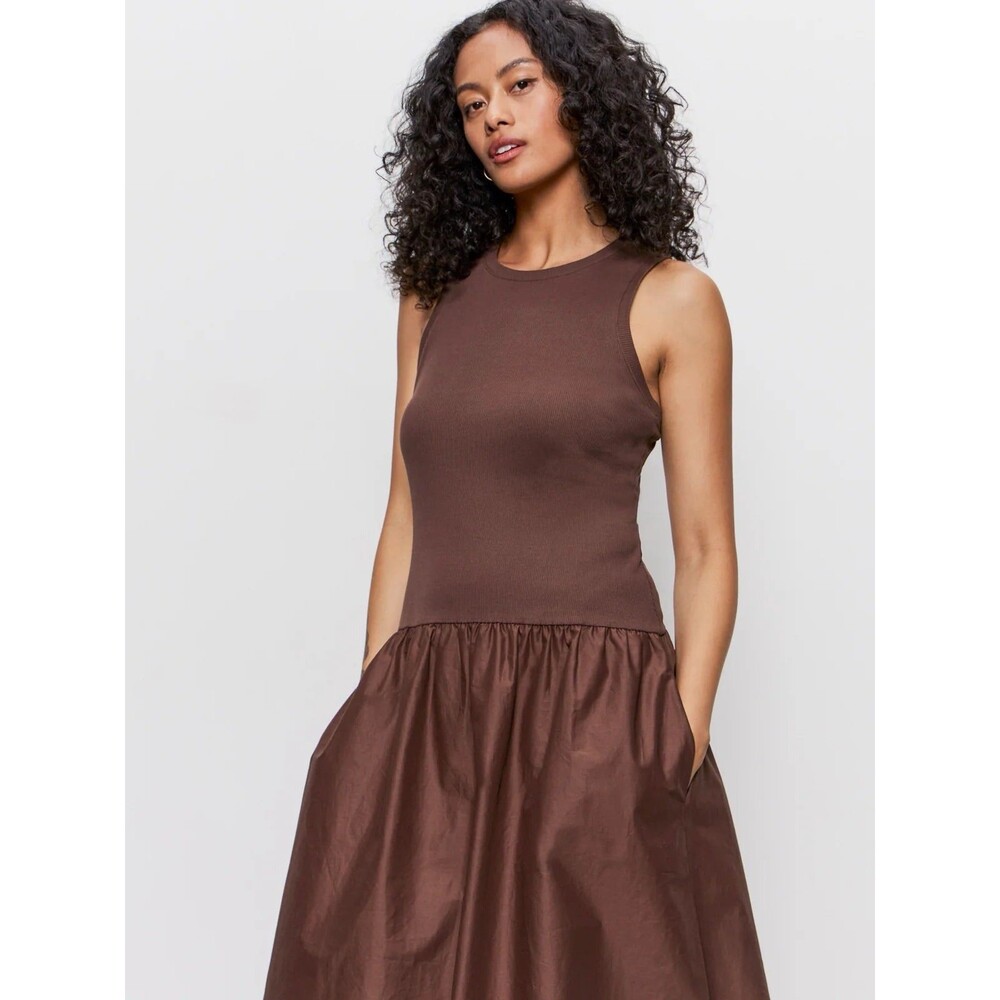Sanctuary Take Me Away Mixed Media Drop Waist Midi Dress Mesa Brown Sz M